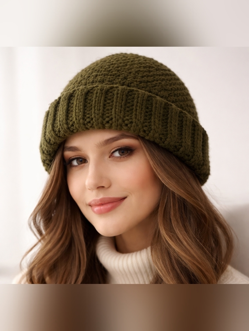 NEW Olive-Green Handmade Crochet Beanie Pleated Fold